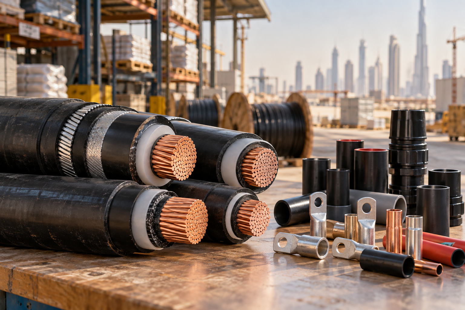 Illustrative power cables and accessories in a UAE-style industrial setting